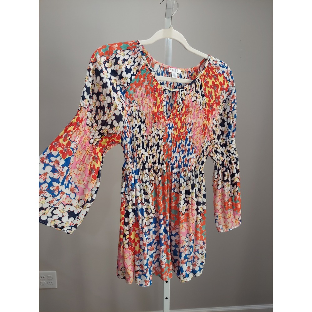 Spense Floral Pleated Bell Sleeve Blouse Top Multicolor Size M Whimsy Boho